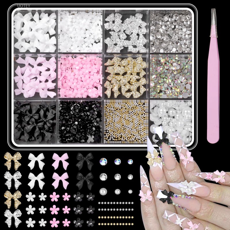 Uotey 3D Bow Nail Charms and Gems, Pink Black Bows Flower Nail Art Charms Alloy Bows for Nails, Mixed Nail Gems Rhinestones Bowknots Caviar Beads Charms for Nails DIY Nail Art Accessories - Image 1