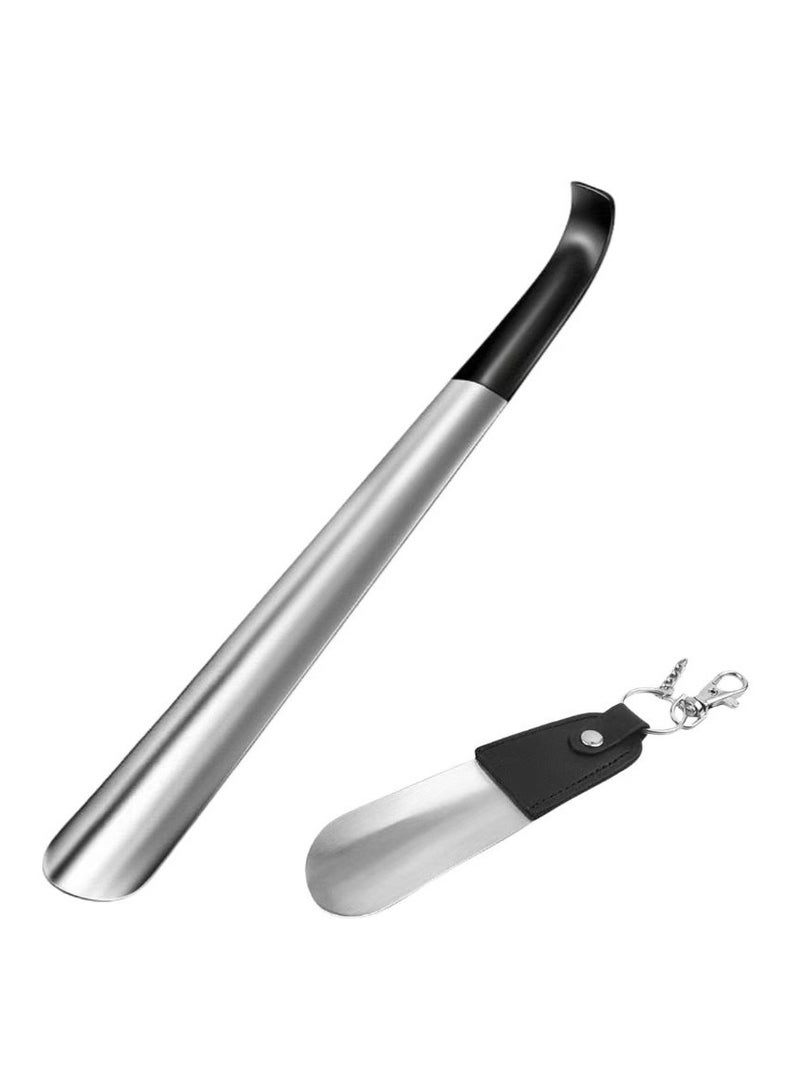 Stainless Stee Shoe Horn 2Pcs-12CM 42CM  lMetal Shoehorn Shoehorn Long Handled with Leather Handle for Seniors Men Women,Small shoe horn with keychain - Image 1