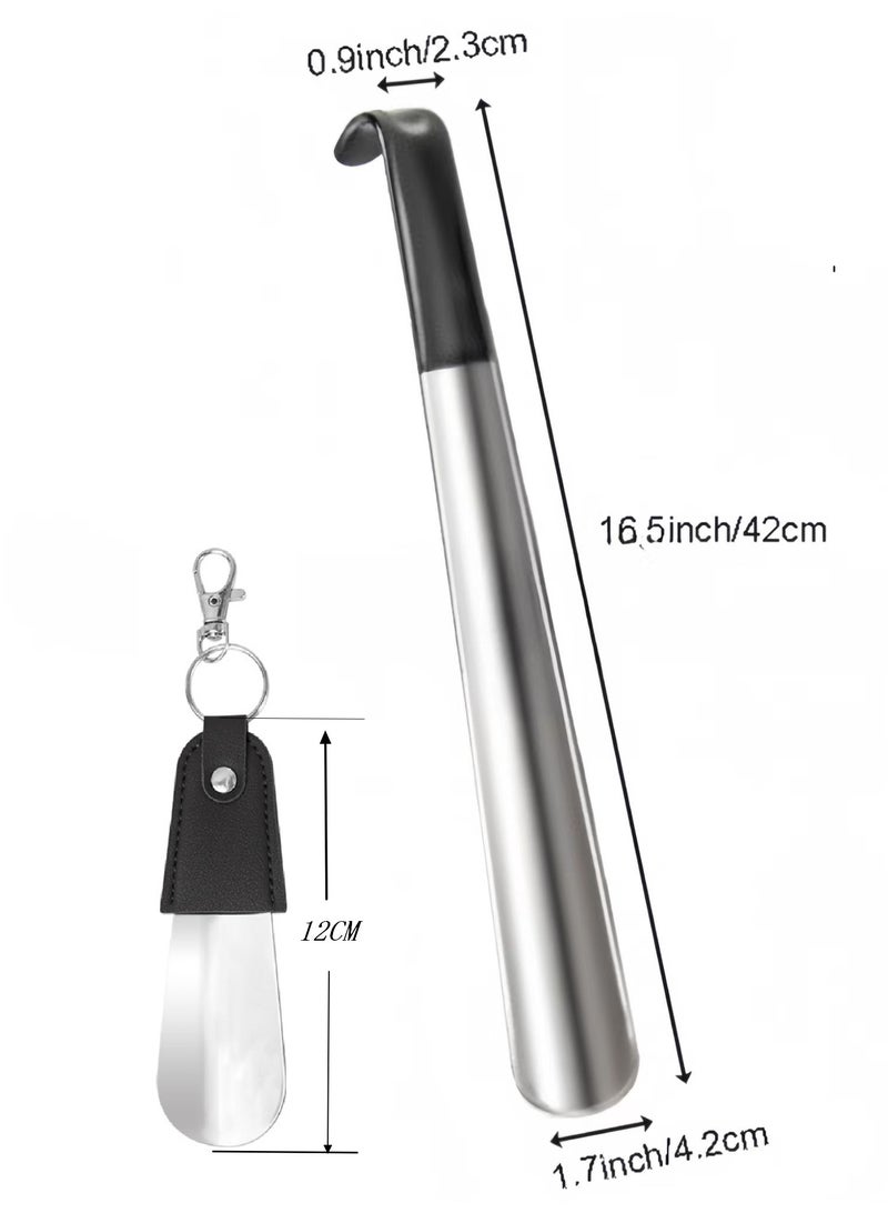 Stainless Stee Shoe Horn 2Pcs-12CM 42CM  lMetal Shoehorn Shoehorn Long Handled with Leather Handle for Seniors Men Women,Small shoe horn with keychain - Image 2