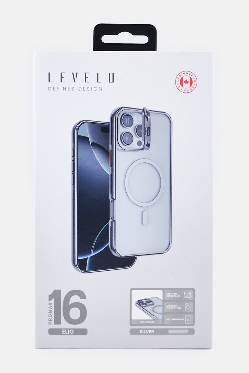 LEVELO iPhone 16 pro Max Elio Pc Case With Camera Ring Stand, Silver - Image 2