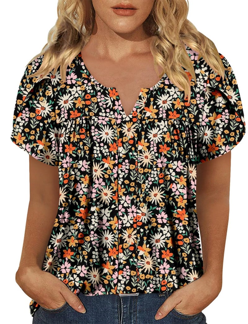 CRAZY GRID Womens Tops Dressy Casual Blouse Pleated V Neck Puff Short Sleeve Textured Shirts Elegant Loose Fit Basic Ladies Babydoll Tunic Fruit Orange-M - Image 4