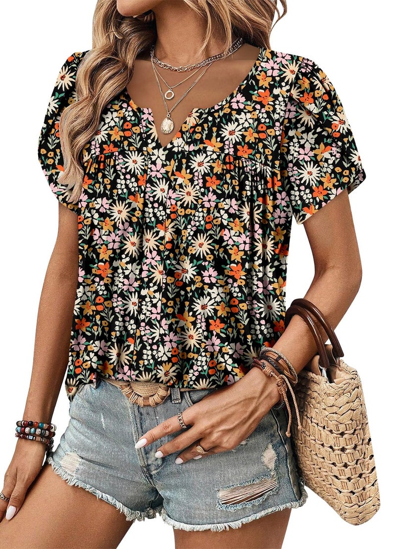 CRAZY GRID Womens Tops Dressy Casual Blouse Pleated V Neck Puff Short Sleeve Textured Shirts Elegant Loose Fit Basic Ladies Babydoll Tunic Fruit Orange-M - Image 5