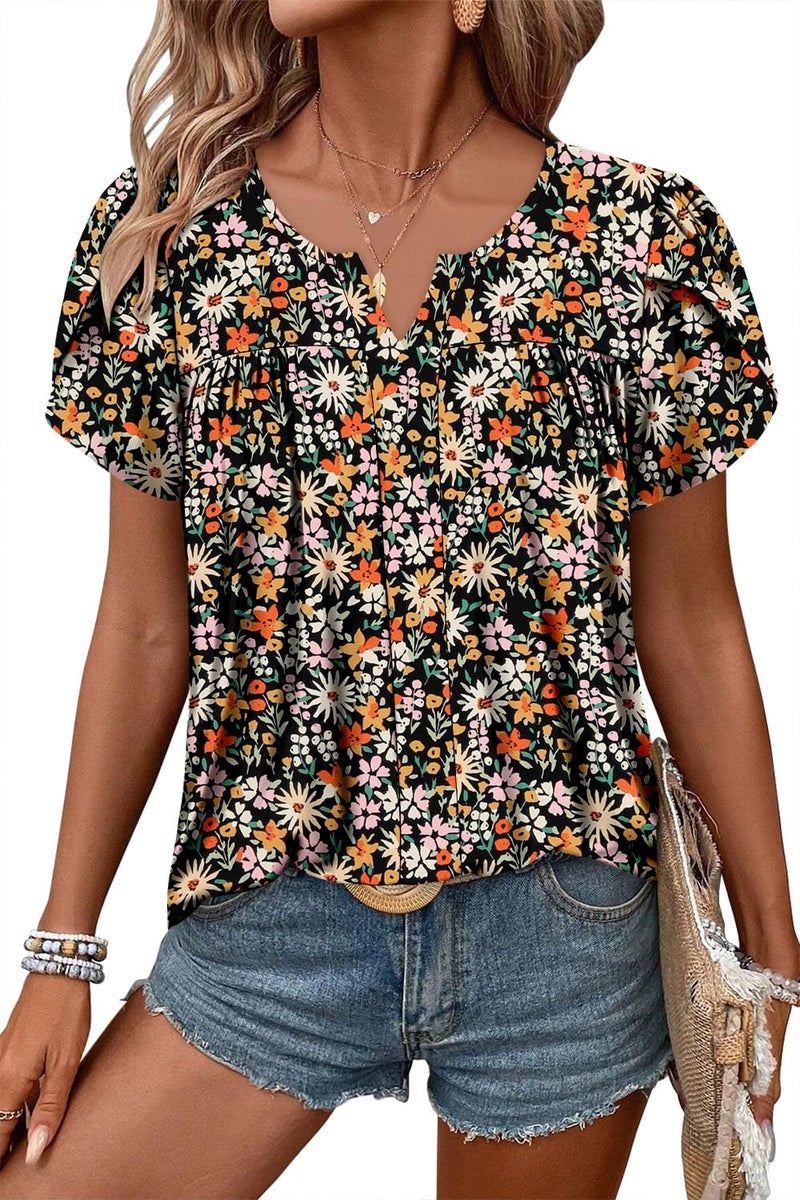 CRAZY GRID Womens Tops Dressy Casual Blouse Pleated V Neck Puff Short Sleeve Textured Shirts Elegant Loose Fit Basic Ladies Babydoll Tunic Fruit Orange-M - Image 1