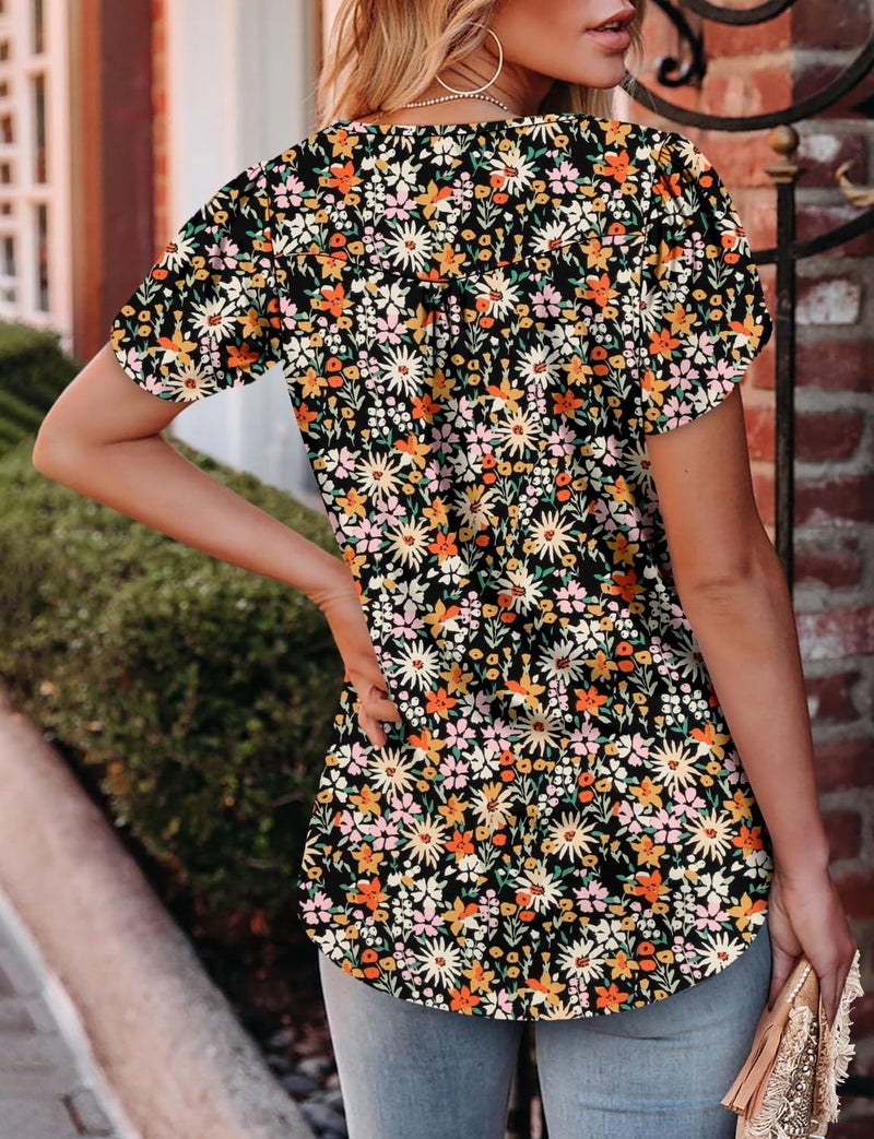 CRAZY GRID Womens Tops Dressy Casual Blouse Pleated V Neck Puff Short Sleeve Textured Shirts Elegant Loose Fit Basic Ladies Babydoll Tunic Fruit Orange-M - Image 3