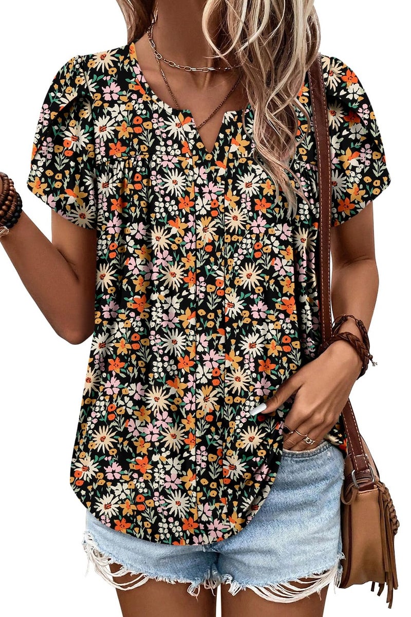 CRAZY GRID Womens Tops Dressy Casual Blouse Pleated V Neck Puff Short Sleeve Textured Shirts Elegant Loose Fit Basic Ladies Babydoll Tunic Fruit Orange-M - Image 2