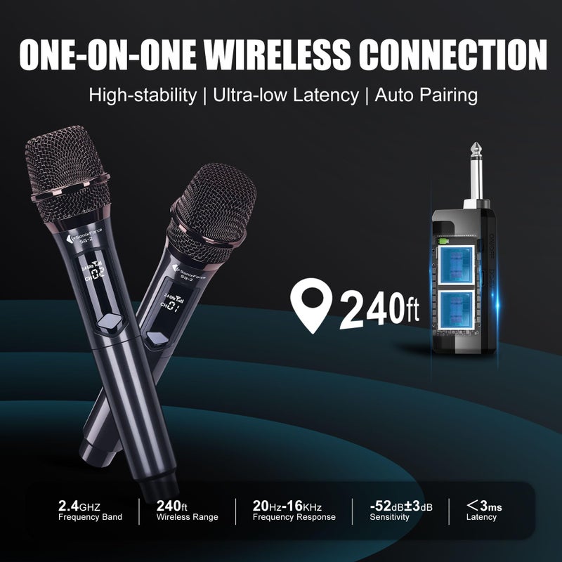 SonixForce Wireless Microphones - Rechargeable Dual Handheld Dynamic Microphone with Receiver - 240ft Range - Karaoke Microphone for Singing, Speaking, Meeting and Party Events - Image 4