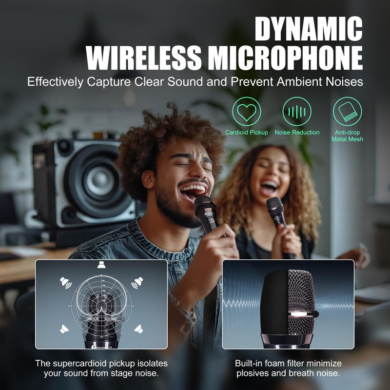 SonixForce Wireless Microphones - Rechargeable Dual Handheld Dynamic Microphone with Receiver - 240ft Range - Karaoke Microphone for Singing, Speaking, Meeting and Party Events - Image 2