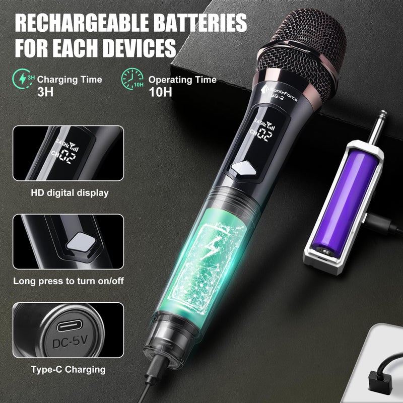 SonixForce Wireless Microphones - Rechargeable Dual Handheld Dynamic Microphone with Receiver - 240ft Range - Karaoke Microphone for Singing, Speaking, Meeting and Party Events - Image 5