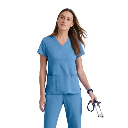 Barco Grey's Anatomy Women's Junior Fit 3 Pocket Mock Wrap Scrub Top, Ceil Blue, X-Small - Image 1