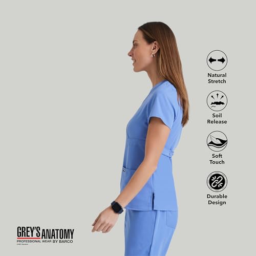 Barco Grey's Anatomy Women's Junior Fit 3 Pocket Mock Wrap Scrub Top, Ceil Blue, X-Small - Image 3