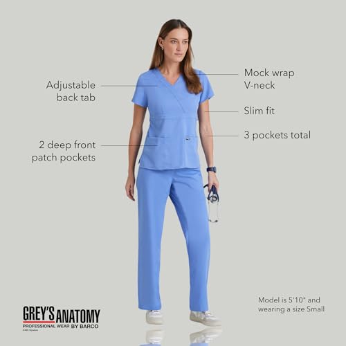 Barco Grey's Anatomy Women's Junior Fit 3 Pocket Mock Wrap Scrub Top, Ceil Blue, X-Small - Image 4