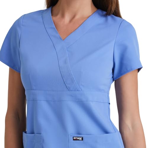 Barco Grey's Anatomy Women's Junior Fit 3 Pocket Mock Wrap Scrub Top, Ceil Blue, X-Small - Image 5