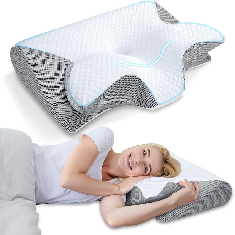 HOMCA Memory Foam Pillow, 2 in 1 Neck Support Pillow for Sleeping, Ergonomic Bed Pillow for Side Back Stomach Sleepers(Gray) - Image 1