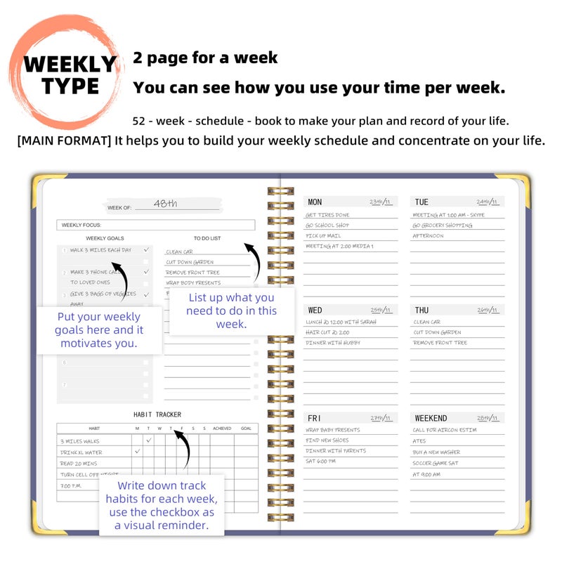 KAICN Undated Weekly Planner with Metal Corner Hardcover Notebook , A5 Size Journal with To Do List Planner, Habit Tracker,Weekly Goals for ADHD,Student, Office, Women, Men ,Gifts,6 x 8 inchesï¼ŒSpiral Bindding ,Purple - Image 4