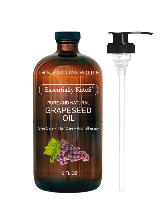 Essentially KateS Grape Seed Oil 500 ml - Large Glass Container with Dispenser - 100% Pure and Natural, Cold Pressed and Hexane Free - for Hair, Skin and Body - Image 1