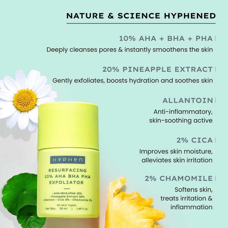 HYPHEN Hyphen Resurfacing 10 AHA BHA PHA Exfoliator  Instant Exfoliation with 20 Pineapple Extract  Leaveon Serum  Smoothens Texture Unclogs Pores Nonirritating  Facial Serum for Men  Women  50ml - Image 4