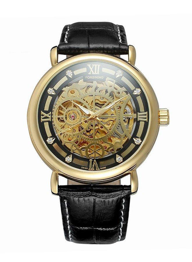 FORSINING Forsining Retro Mechanical Watch - Gold Case with Black Strap, Skeleton Dial with Roman Numerals, Semi-Automatic Movement, Classic Vintage Style for Daily Wear & Special Occasions  - Image 1