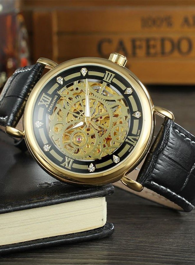 FORSINING Forsining Retro Mechanical Watch - Gold Case with Black Strap, Skeleton Dial with Roman Numerals, Semi-Automatic Movement, Classic Vintage Style for Daily Wear & Special Occasions  - Image 3