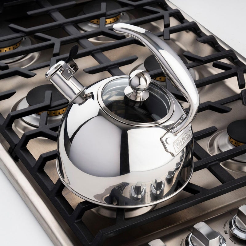 Viking Viking Culinary 3-Ply Stainless Steel Whistling Tea Kettle, 2.6 Quart, Includes Tempered Glass Lid, Ergonomic Handle, Works on All Cooktops including Induction, Mirror Finish  - Image 2