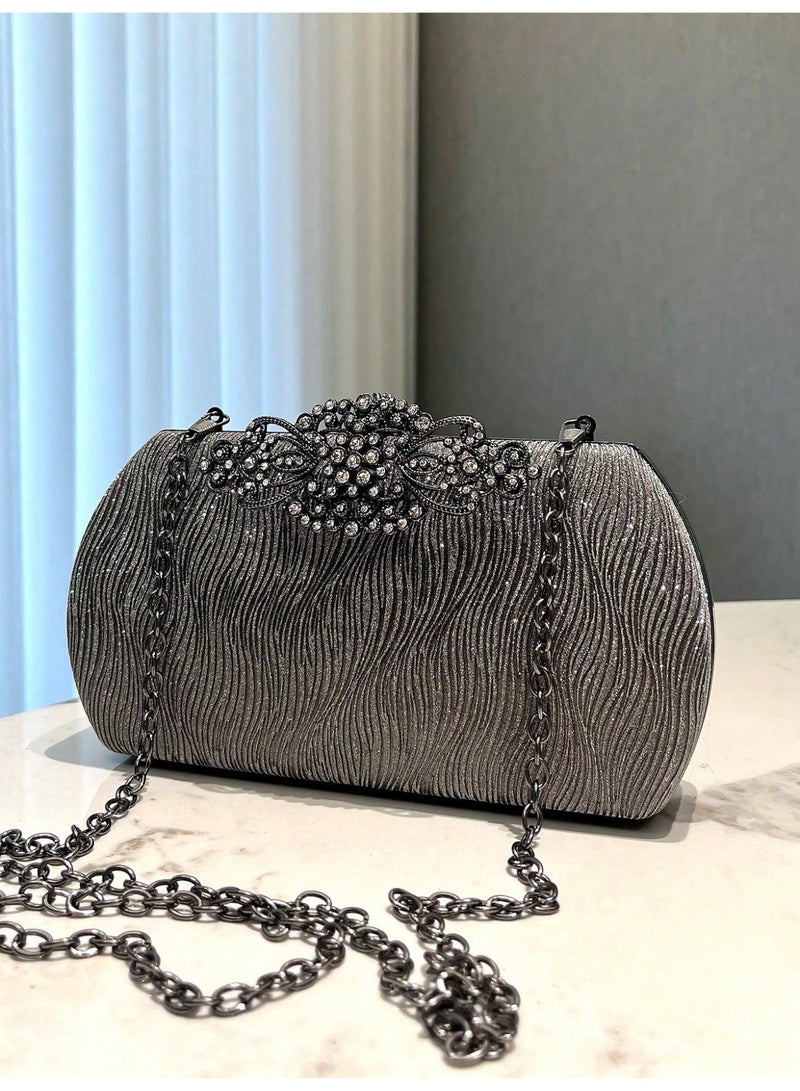 شنطة ساتشيل نسائية  لامعة مرصعة بالأحجار حقيبة يد فاخرة وسلسلة قابلة للفصل للارتداء على الكتف - Image 5