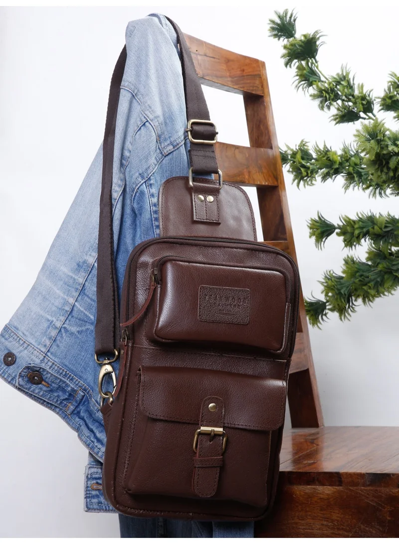 Teakwood Teakwood Genuine Leather Sling Bag for Men & Women | Crossbody Messenger Bag with Front Zipper Pocket, Rear Pocket & Spacious Main Compartment | Adjustable Strap | Travel & Office Organizer | Brown