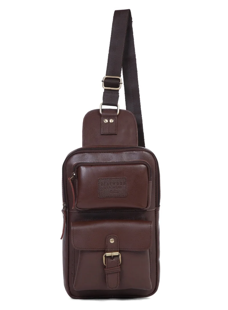 Teakwood Teakwood Genuine Leather Sling Bag for Men & Women | Crossbody Messenger Bag with Front Zipper Pocket, Rear Pocket & Spacious Main Compartment | Adjustable Strap | Travel & Office Organizer | Brown