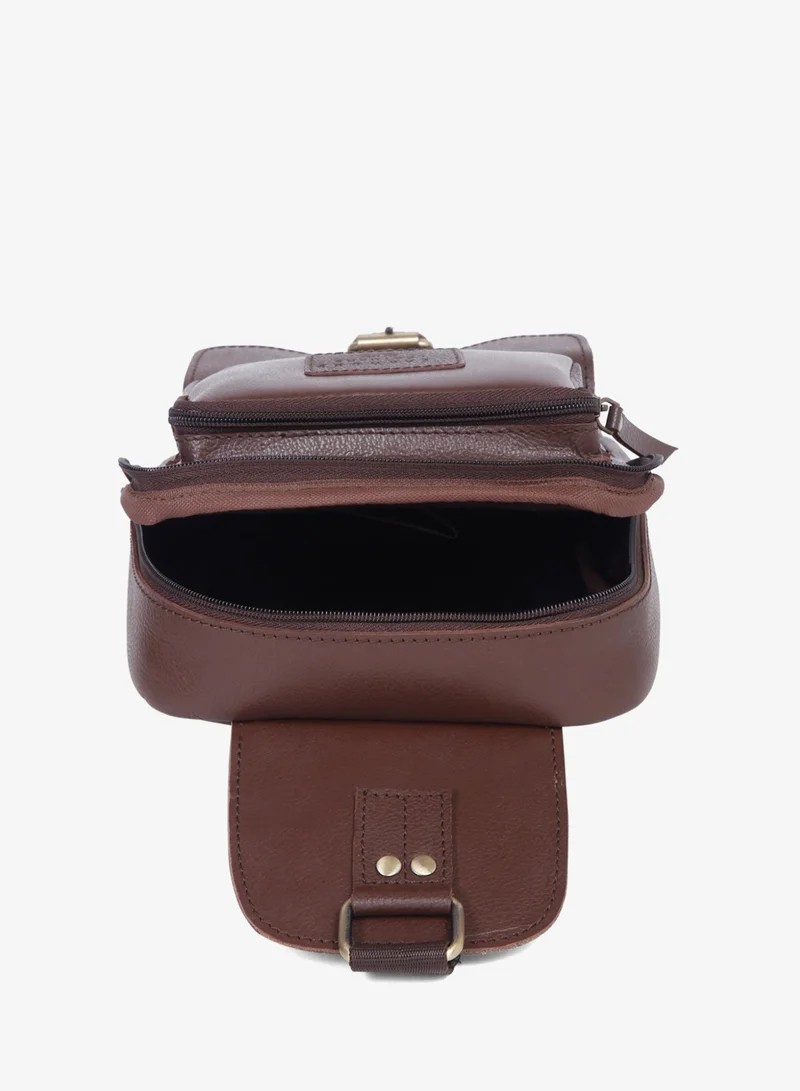 Teakwood  Teakwood Genuine Leather Sling Bag for Men & Women | Crossbody Messenger Bag with Front Zipper Pocket, Rear Pocket & Spacious Main Compartment | Adjustable Strap | Travel & Office Organizer | Brown  | Best Price UAE