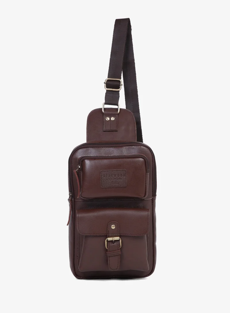 Teakwood Teakwood Genuine Leather Sling Bag for Men & Women | Crossbody Messenger Bag with Front Zipper Pocket, Rear Pocket & Spacious Main Compartment | Adjustable Strap | Travel & Office Organizer | Brown