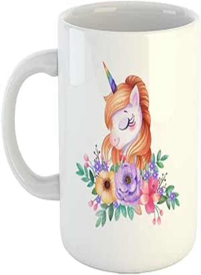 Happu - Printed Ceramic Unicorn Coffee Mug, Design - Flower Unicorn, Cute, Stylish, Gifts for Girls, Boys, Bestfriends, Relatives, Sister, Brother, Milk Cup, Under 500, 325 ML, 961-WH