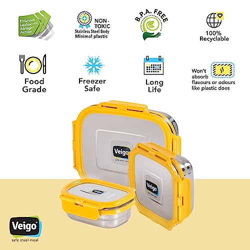 Veigo Premium Finish Classic Celebration Big, Small & Medium Stainless Steel Lunch Box Airtight Leakproof Easy to fit into Any Bags Perfect for Office,School,Outdoor-630ml+330ml+180ml Yellow - Image 5