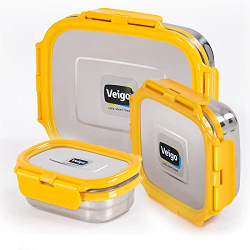 Veigo Premium Finish Classic Celebration Big, Small & Medium Stainless Steel Lunch Box Airtight Leakproof Easy to fit into Any Bags Perfect for Office,School,Outdoor-630ml+330ml+180ml Yellow - Image 1
