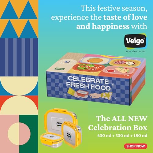 Veigo Premium Finish Classic Celebration Big, Small & Medium Stainless Steel Lunch Box Airtight Leakproof Easy to fit into Any Bags Perfect for Office,School,Outdoor-630ml+330ml+180ml Yellow - Image 4