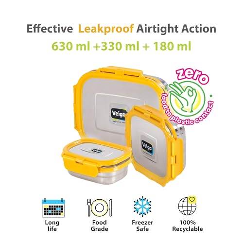 Veigo Premium Finish Classic Celebration Big, Small & Medium Stainless Steel Lunch Box Airtight Leakproof Easy to fit into Any Bags Perfect for Office,School,Outdoor-630ml+330ml+180ml Yellow - Image 2