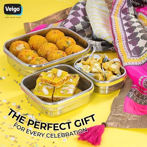 Veigo Premium Finish Classic Celebration Big, Small & Medium Stainless Steel Lunch Box Airtight Leakproof Easy to fit into Any Bags Perfect for Office,School,Outdoor-630ml+330ml+180ml Yellow - Image 3