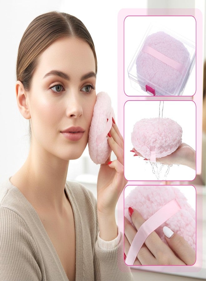 DSLSQD Body Blending Puff 6 Inch Extra-Large Velour Setting Puffs Soft Washable Round Makeup Sponge Applicator Oversize Dust Puffs with Sponge Container for Women-Pink - Image 3