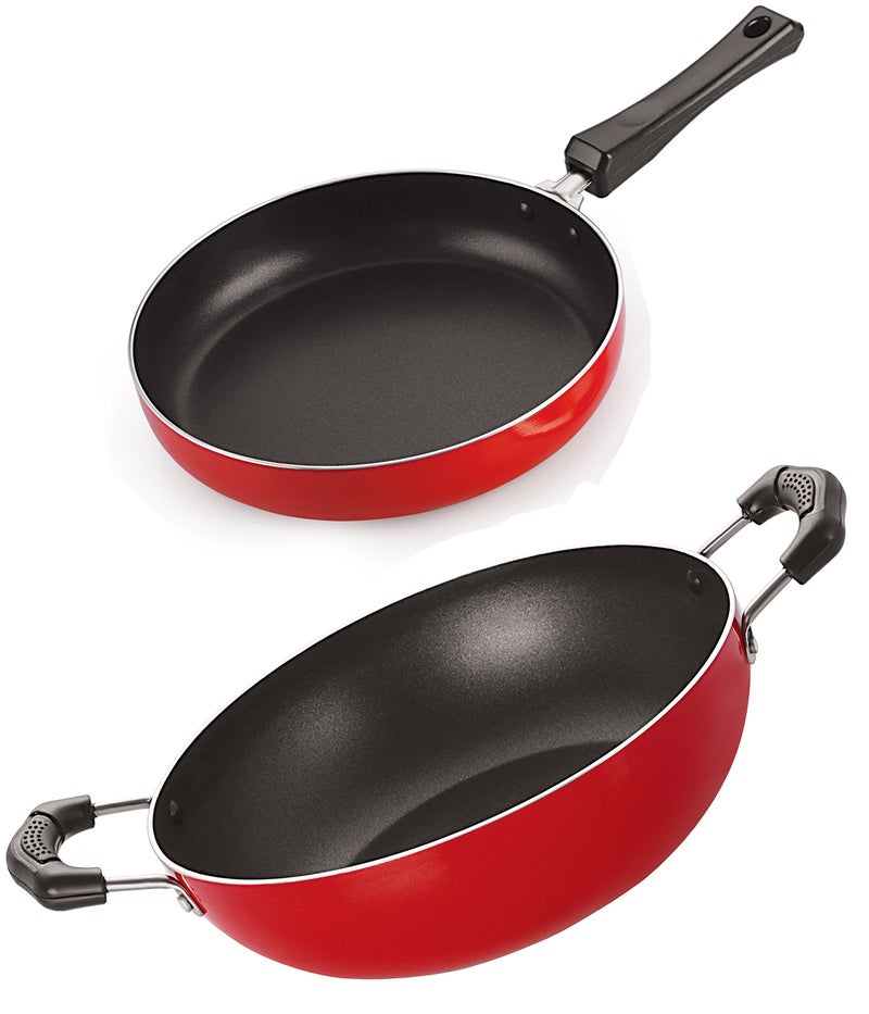 NIRLON Aluminium Gas Compatible Fry Pan and Kadhai Combo Cooking Set, 2.6Mm_Fp10_Kd11 (Multicolor, Red & Black) - Image 1
