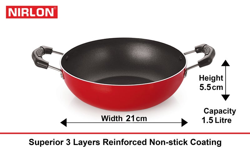 NIRLON Aluminium Gas Compatible Fry Pan and Kadhai Combo Cooking Set, 2.6Mm_Fp10_Kd11 (Multicolor, Red & Black) - Image 3