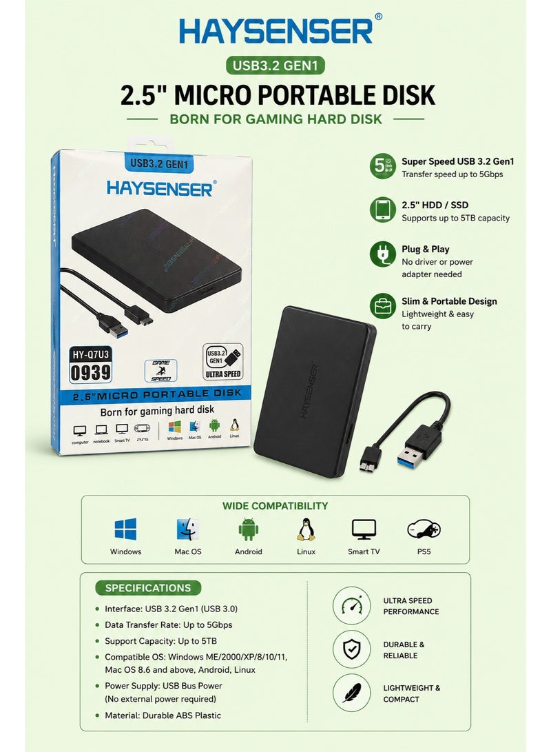 HAYSENSER 2.5" Portable HDD/SSD Enclosure, USB 3.2 Gen1 External Hard Drive Case - Image 3