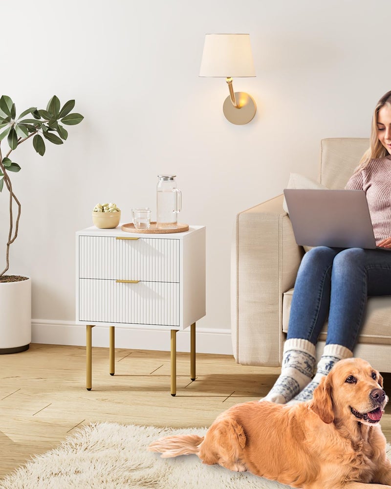 AEPOALUA طاولة جانبية AEPOALUA، طاولة سرير عصرية بإطار ذهبي، طاولة جانبية بيضاء صغيرة، طاولة نهاية، أثاث جانبي، طاولة جانبية مع 2 درج لغرفة النوم، غرفة المعيشة - Image 3