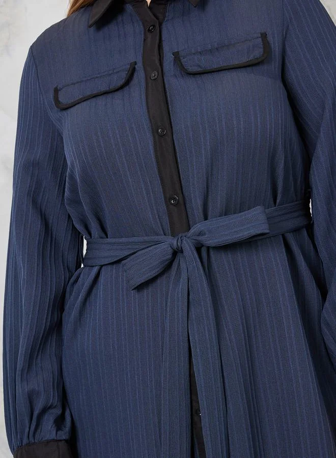 Styli Textured A-Line Maxi Dress with Tie Belt