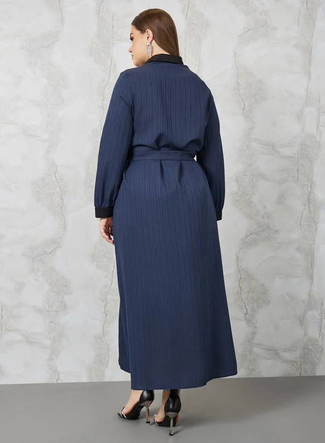 Styli Textured A-Line Maxi Dress with Tie Belt