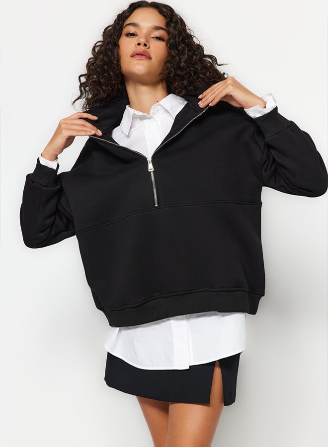 trendyol Black Oversize/Wide Fit Half Zipper Thick Inside Fleece Knitted Sweatshirt - Image 1