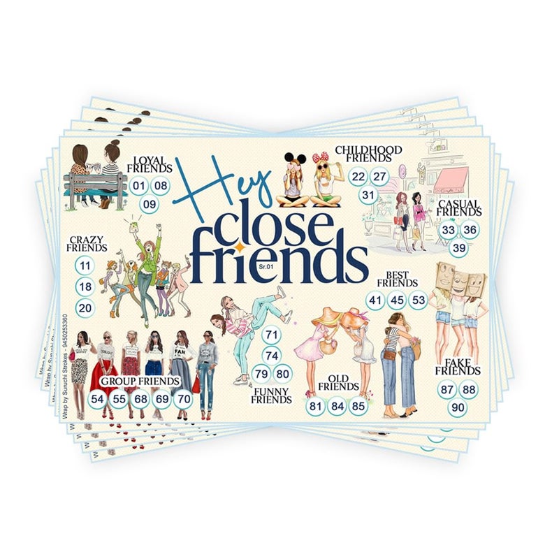 Suruchi Strokes Close Friends Theme Tambola Tickets, New Bingo, Housie Games, Friendship Collection, Designer Printed kukuba for Family Wedding Kitty Party (20 Tickets) - Image 1