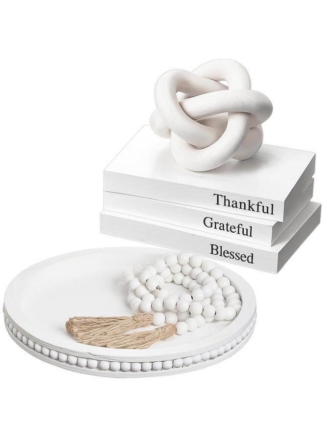 GlikCeil 6 Pcs Rustic Wooden Table Decoration Tray Set, Round Beaded Tray with Wood Chain, Bead Garland with Tassels, and 3 Books for Farmhouse, Living Room, Kitchen, Coffee Table, Countertop - Image 2