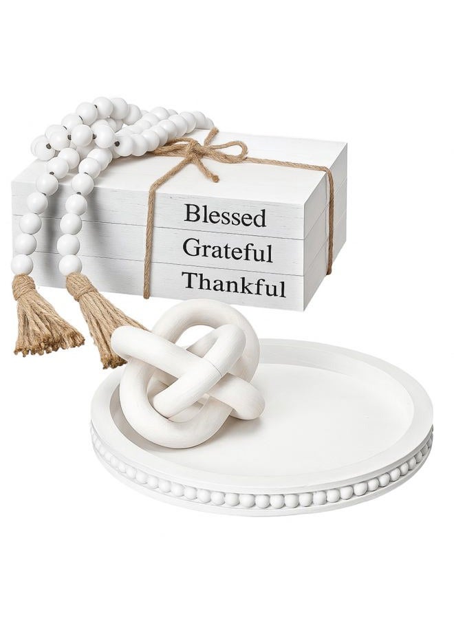 GlikCeil 6 Pcs Rustic Wooden Table Decoration Tray Set, Round Beaded Tray with Wood Chain, Bead Garland with Tassels, and 3 Books for Farmhouse, Living Room, Kitchen, Coffee Table, Countertop - Image 1