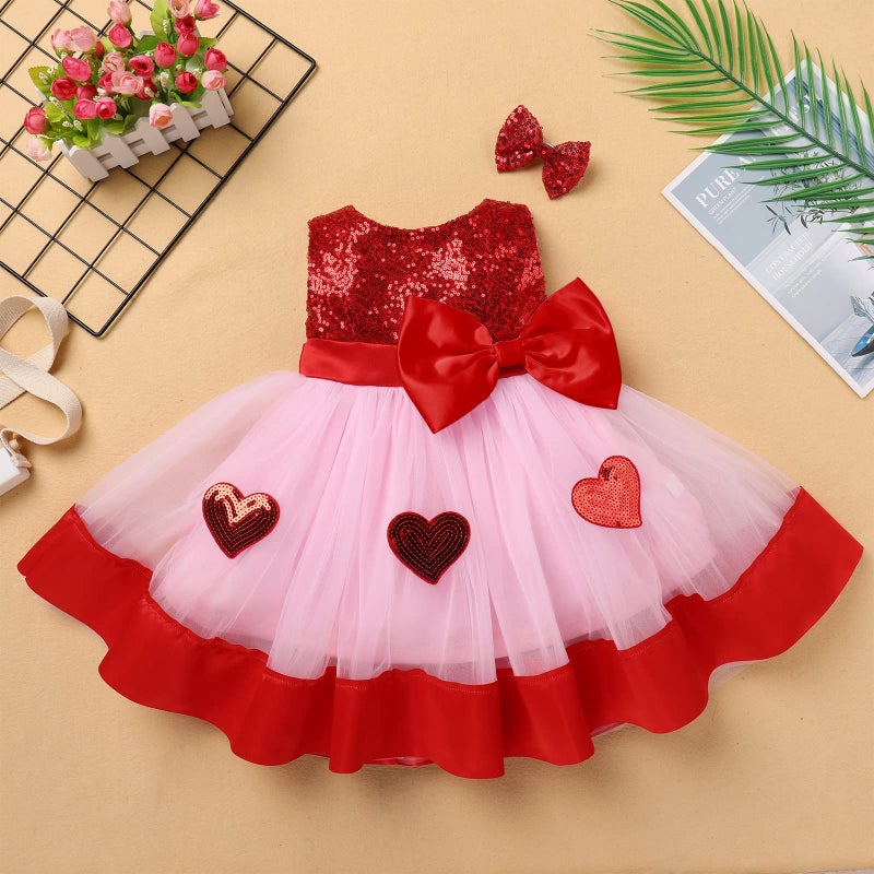 IBAKOM Infant Baby Toddler Girl Valentines Day Outfits Red Heart Shiny Sequins Tulle Tutu Birthday Cake Smash Outfits Easter Baptism Dress Princess Wedding Prom Party Dress Red Heart 6-12 Months - Image 4