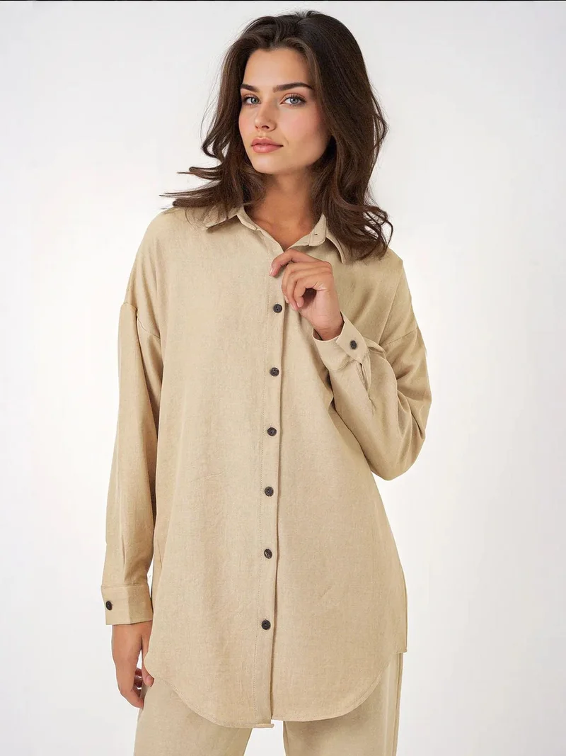 بيغ دارت طقم بيجاما من الكتان بأكمام طويلة وبنطلون