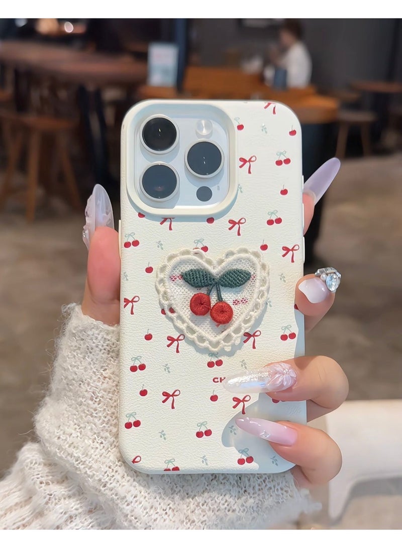 NIBEMINENT Embroidered Cherry Protective TPU Case Cover For iPhone 16 Plus, Lychee Pattern White - Image 1