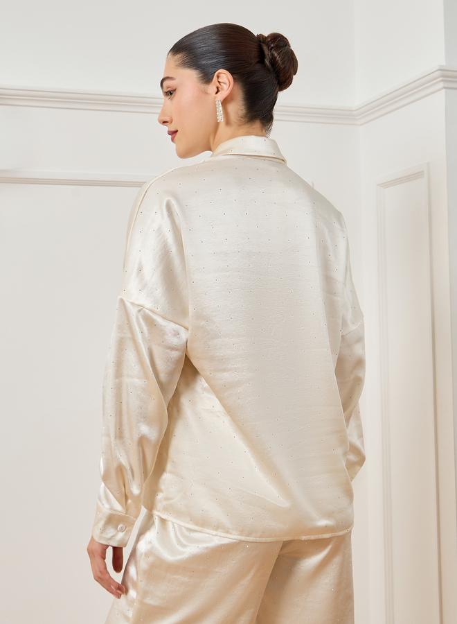 Styli Women Off-White Satin Long Sleeve Shirt - Image 5