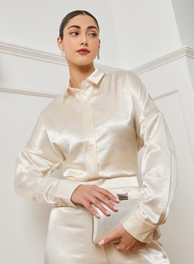 Styli Women Off-White Satin Long Sleeve Shirt - Image 3